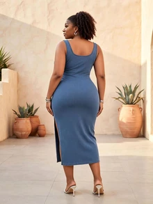 CurvyTilda Plus Size Sexy Sleeveless Fitted Denim Dress With Side Slit, Summer Casual - Medium Wash - View 3
