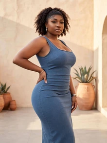 CurvyTilda Plus Size Sexy Sleeveless Fitted Denim Dress With Side Slit, Summer Casual - Medium Wash - View 4