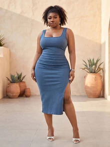CurvyTilda Plus Size Sexy Sleeveless Fitted Denim Dress With Side Slit, Summer Casual - Medium Wash - View 5
