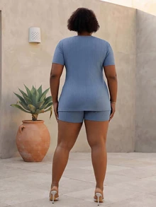 CurvyTilda Plus Size Solid Color Casual Short Sleeve Top And Shorts Set, Summer Plus Size Shorts Set Elegant - Baby Blue - View 3