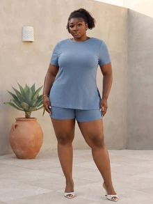 CurvyTilda Plus Size Solid Color Casual Short Sleeve Top And Shorts Set, Summer Plus Size Shorts Set Elegant - Baby Blue - View 5