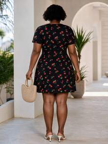 CurvyTilda Plus Size Women's Casual Cherry Print Dress, Spring/Summer Elegant - Multicolor - View 2