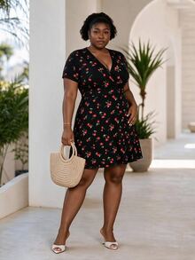CurvyTilda Plus Size Women's Casual Cherry Print Dress, Spring/Summer Elegant - Multicolor - View 3