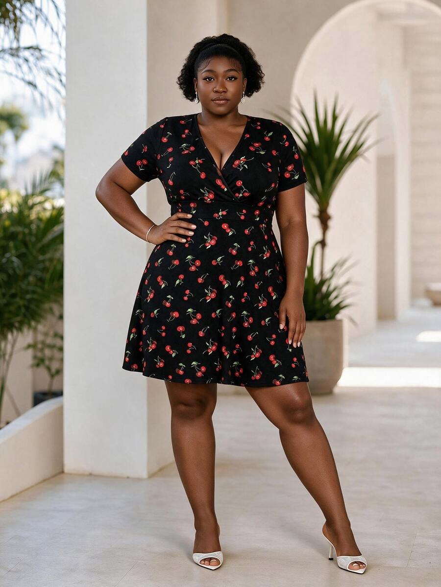 CurvyTilda Plus Size Women's Casual Cherry Print Dress, Spring/Summer Elegant - Multicolor - View 1