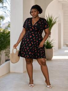 CurvyTilda Plus Size Women's Casual Cherry Print Dress, Spring/Summer Elegant - Multicolor - View 4