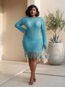 CurvyTilda Plus Size Dusky Blue Sommar Boho Vacation Holiday Retro Bohemian Sun Protection Flared Sleeve Tassel Trim Turquoise Blue Slim Fit Sweater Dress Fall - Blue - View 4