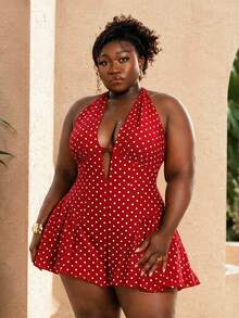 CurvyTilda 大码女士时尚波点印花露背连体裤 - 紅色 - 查看 4