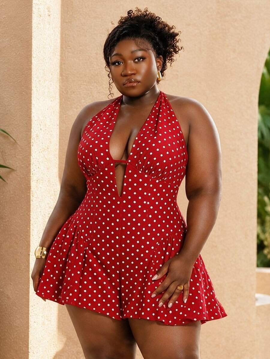 CurvyTilda 大码女士时尚波点印花露背连体裤 - 紅色 - 查看 1