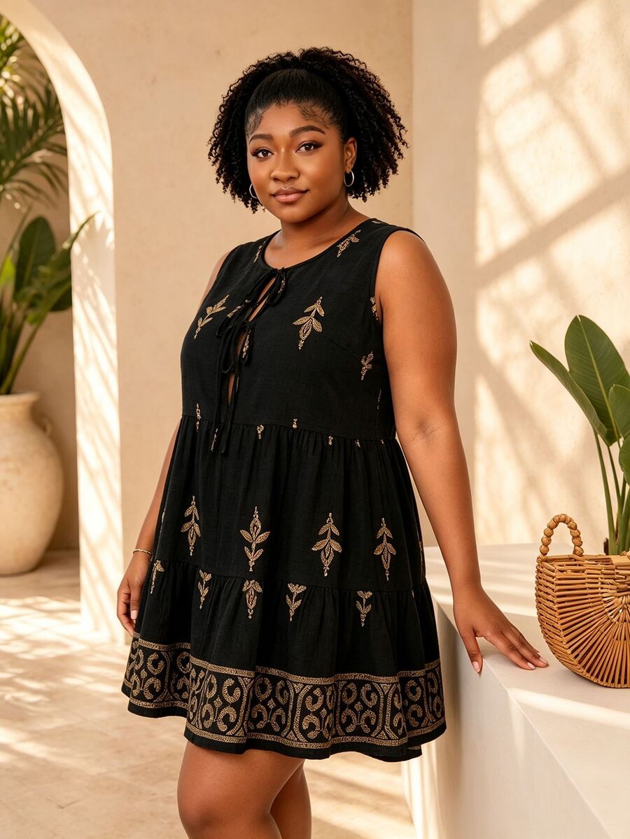 CurvyTilda Plus Size Sleeveless Casual Vacation Dress Designer Dresses For Women Elegant - Black - View 1