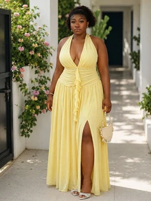 CurvyTilda Plus Size Women's Deep V-Neck Halter Dress,Butter Yellow Solid Ruffle Hem Slit Hem Elegant Casual Dress For Holiday,Summer,Beach,Vacation,Party - Yellow - View 3