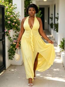 CurvyTilda Plus Size Women's Deep V-Neck Halter Dress,Butter Yellow Solid Ruffle Hem Slit Hem Elegant Casual Dress For Holiday,Summer,Beach,Vacation,Party - Yellow - View 4
