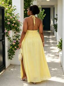 CurvyTilda Plus Size Women's Deep V-Neck Halter Dress,Butter Yellow Solid Ruffle Hem Slit Hem Elegant Casual Dress For Holiday,Summer,Beach,Vacation,Party - Yellow - View 2