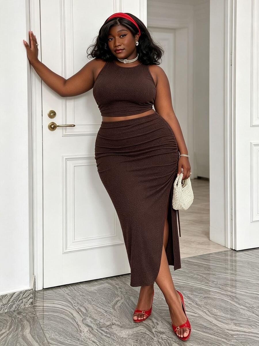 CurvyTilda Plus Size Women Vacation Elastic Camisole & Mini Skirt 2 Pieces Set Elegant - Coffee Brown - View 1