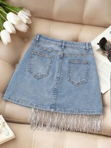 SHEIN MOD 女款流蘇裝飾裹身牛仔裙 - 淺色水洗藍 - 查看 2