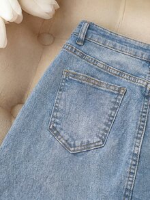 SHEIN MOD 女款流蘇裝飾裹身牛仔裙 - 淺色水洗藍 - 查看 3