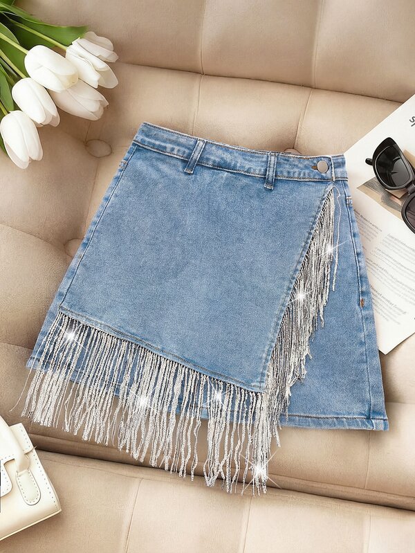 SHEIN MOD Women's Tassel Decor Wrap Denim Skirt Night Out Light Blue Summer Street Wear
