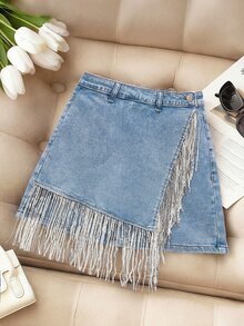 SHEIN MOD 女款流蘇裝飾裹身牛仔裙 - 淺色水洗藍 - 查看 5