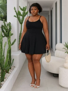 CurvyTilda Plus Size Women's Minimalist Solid Color Sleeveless Jumpsuit With Phone Pocket,Spring/Summer,Holiday,Casual Black Sommar Hiking Outfits - Black - View 3