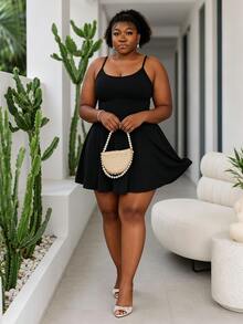 CurvyTilda Plus Size Women's Minimalist Solid Color Sleeveless Jumpsuit With Phone Pocket,Spring/Summer,Holiday,Casual Black Sommar Hiking Outfits - Black - View 4