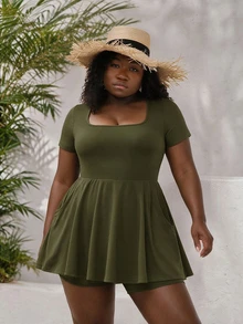 CurvyTilda Plus Size Solid Color Square Neck Pocket Casual Short Sleeve Jumpsuit For Summer,Back To School - Army Green - View 4