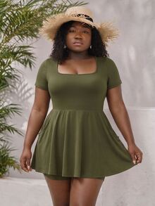 CurvyTilda Plus Size Solid Color Square Neck Pocket Casual Short Sleeve Jumpsuit For Summer,Back To School - Army Green - View 1