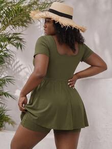 CurvyTilda Plus Size Solid Color Square Neck Pocket Casual Short Sleeve Jumpsuit For Summer,Back To School - Army Green - View 2