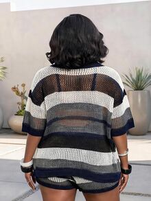 CurvyTilda Navy Blue Plus Size Women 2pcs Summer Knitted Suit Set,Short Sleeve Striped Colorblock Shirtcollar Open Front Cardigan & Shorts Vacation Smart Casual - Blue - View 3