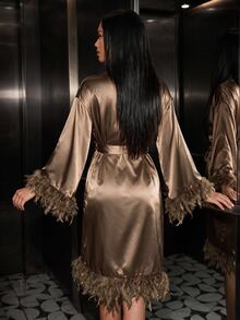 Silforma Fuzzy Trim Belted Satin Robe Luxe Loungewear, Fall, Winter - Bronze - View 3