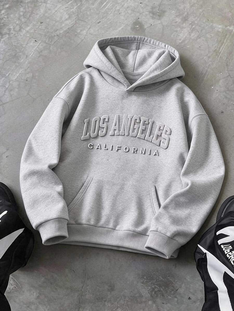 SHEIN Vacaura 1件青少年男孩休閒簡約壓紋套頭衛衣,舒適版型,秋冬新款,適合休閒運動穿著與多季節穿搭 - 灰色 - 查看 1