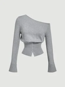 SHEIN MOD Women's Fashion Casual Solid Color Oblique Shoulder Button Gray Sweater In Fall/Winter - Grey - View 9