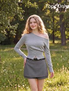 SHEIN MOD Women's Fashion Casual Solid Color Oblique Shoulder Button Gray Sweater In Fall/Winter - Grey - View 1