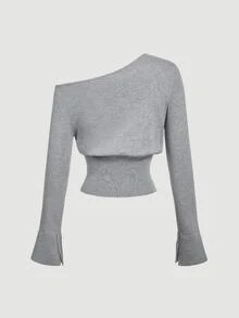 SHEIN MOD Women's Fashion Casual Solid Color Oblique Shoulder Button Gray Sweater In Fall/Winter - Grey - View 4