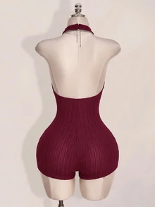 SHEIN ICON 女款黑色掛脖露背緊身貼身高領基礎休閒連身褲 - 酒紅色 - 查看 2