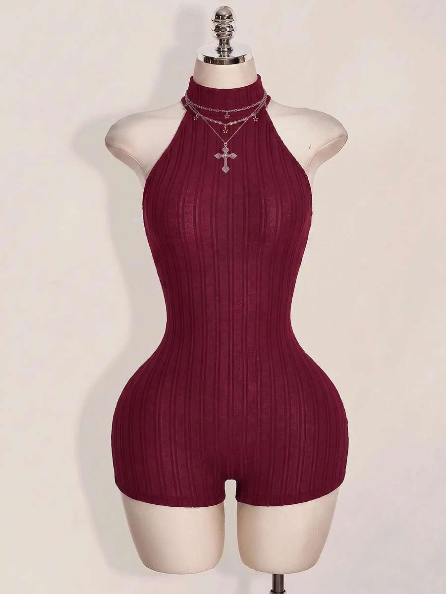 SHEIN ICON 女款黑色掛脖露背緊身貼身高領基礎休閒連身褲 - 酒紅色 - 查看 1