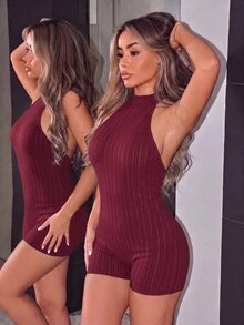 SHEIN ICON 女款黑色掛脖露背緊身貼身高領基礎休閒連身褲 - 酒紅色 - 查看 11