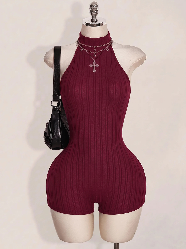 SHEIN ICON Women's Black Halter Neck Backless Tight Bodycon High Neck Basic Casual Jumpsuit - Burgundy - View 5