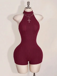 SHEIN ICON 女款黑色掛脖露背緊身貼身高領基礎休閒連身褲 - 酒紅色 - 查看 9