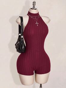 SHEIN ICON 女款黑色掛脖露背緊身貼身高領基礎休閒連身褲 - 酒紅色 - 查看 10