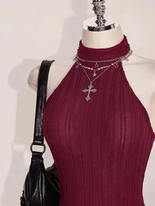 SHEIN ICON 女款黑色掛脖露背緊身貼身高領基礎休閒連身褲 - 酒紅色 - 查看 4