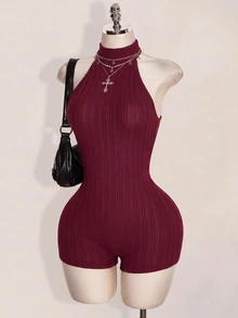 SHEIN ICON 女款黑色掛脖露背緊身貼身高領基礎休閒連身褲 - 酒紅色 - 查看 3