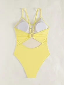 Swim Basics Women's Solid Color One-Piece Swimsuit, Suitable For Beach Vacation - Pale Yellow - View 4
