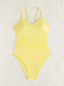 Swim Basics Women's Solid Color One-Piece Swimsuit, Suitable For Beach Vacation - Pale Yellow - View 3