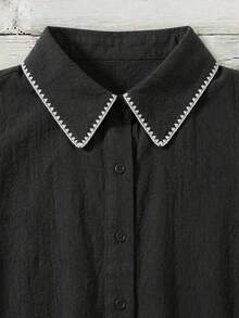 Mellowie Plus Size Women's Single-Breasted Ruffle Short Sleeve Pure Cotton Embroidered Shirt - Black - View 3