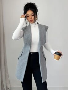 Elenzga Waterfall Collar Open Front Vest Woolen Fabric Overcoat Office Business Gray Autumn Casual Elegant - Grey - View 7