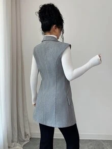 Elenzga Waterfall Collar Open Front Vest Woolen Fabric Overcoat Office Business Gray Autumn Casual Elegant - Grey - View 3