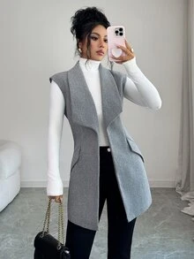 Elenzga Waterfall Collar Open Front Vest Woolen Fabric Overcoat Office Business Gray Autumn Casual Elegant - Grey - View 6