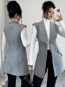 Elenzga Waterfall Collar Open Front Vest Woolen Fabric Overcoat Office Business Gray Autumn Casual Elegant - Grey - View 2