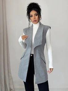 Elenzga Waterfall Collar Open Front Vest Woolen Fabric Overcoat Office Business Gray Autumn Casual Elegant - Grey - View 5