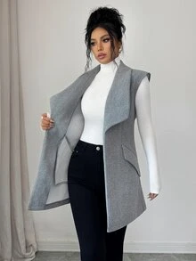 Elenzga Waterfall Collar Open Front Vest Woolen Fabric Overcoat Office Business Gray Autumn Casual Elegant - Grey - View 4