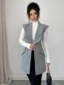 Elenzga Waterfall Collar Open Front Vest Woolen Fabric Overcoat Office Business Gray Autumn Casual Elegant - Grey - View 1